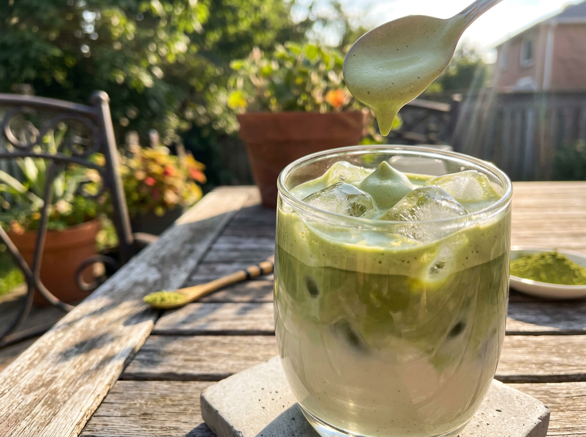 A creamy whipped matcha latte in a glass on patio table