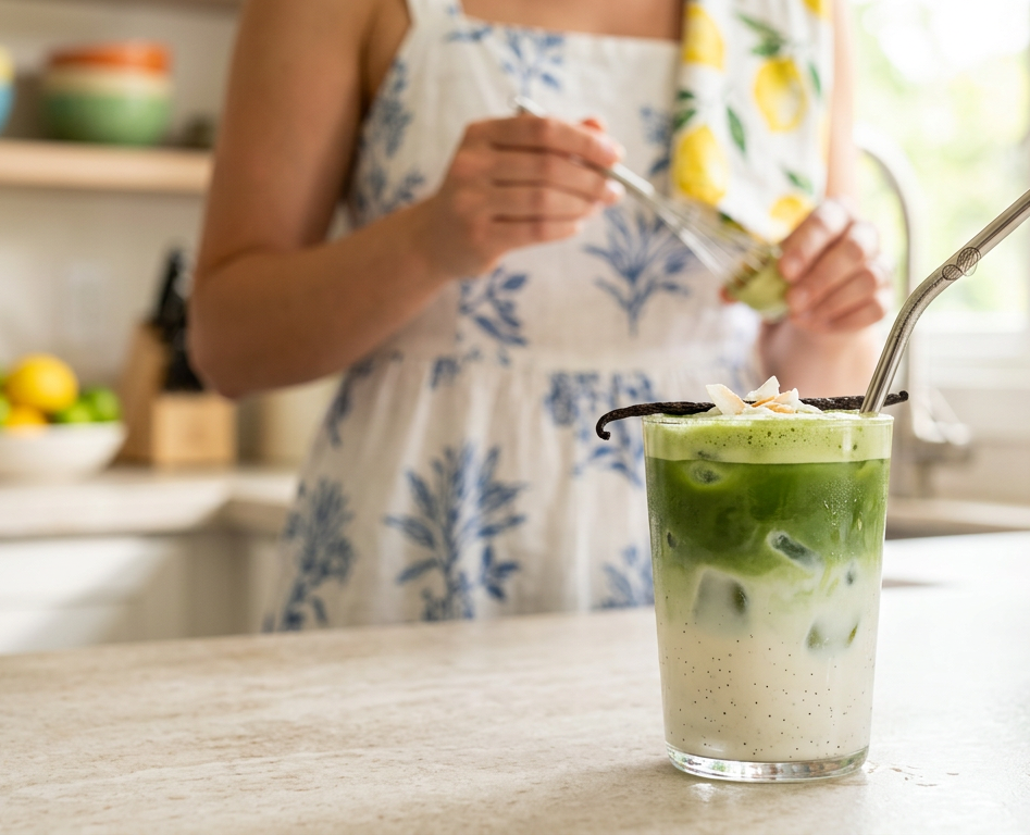 Woman making vanilla coconut iced matcha latte in kitchen