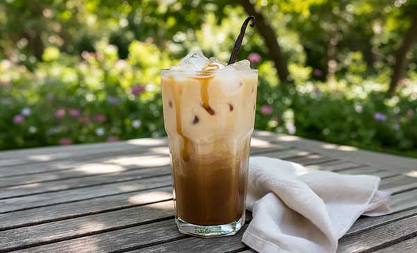 iced vanilla maple hojicha tea latte on picnic table