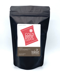 Grapefruit cold brew pouch with a red and white label on a white background