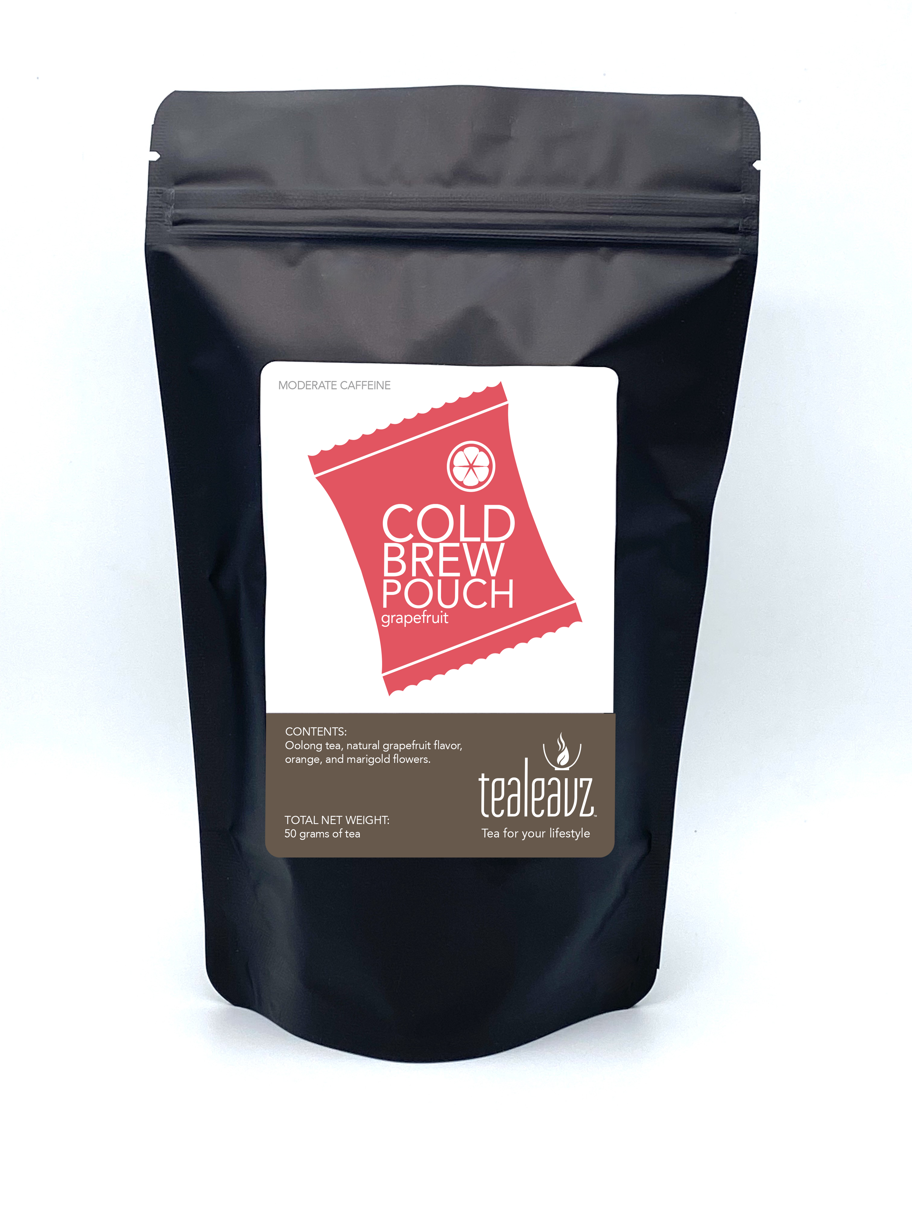 Grapefruit cold brew pouch with a red and white label on a white background