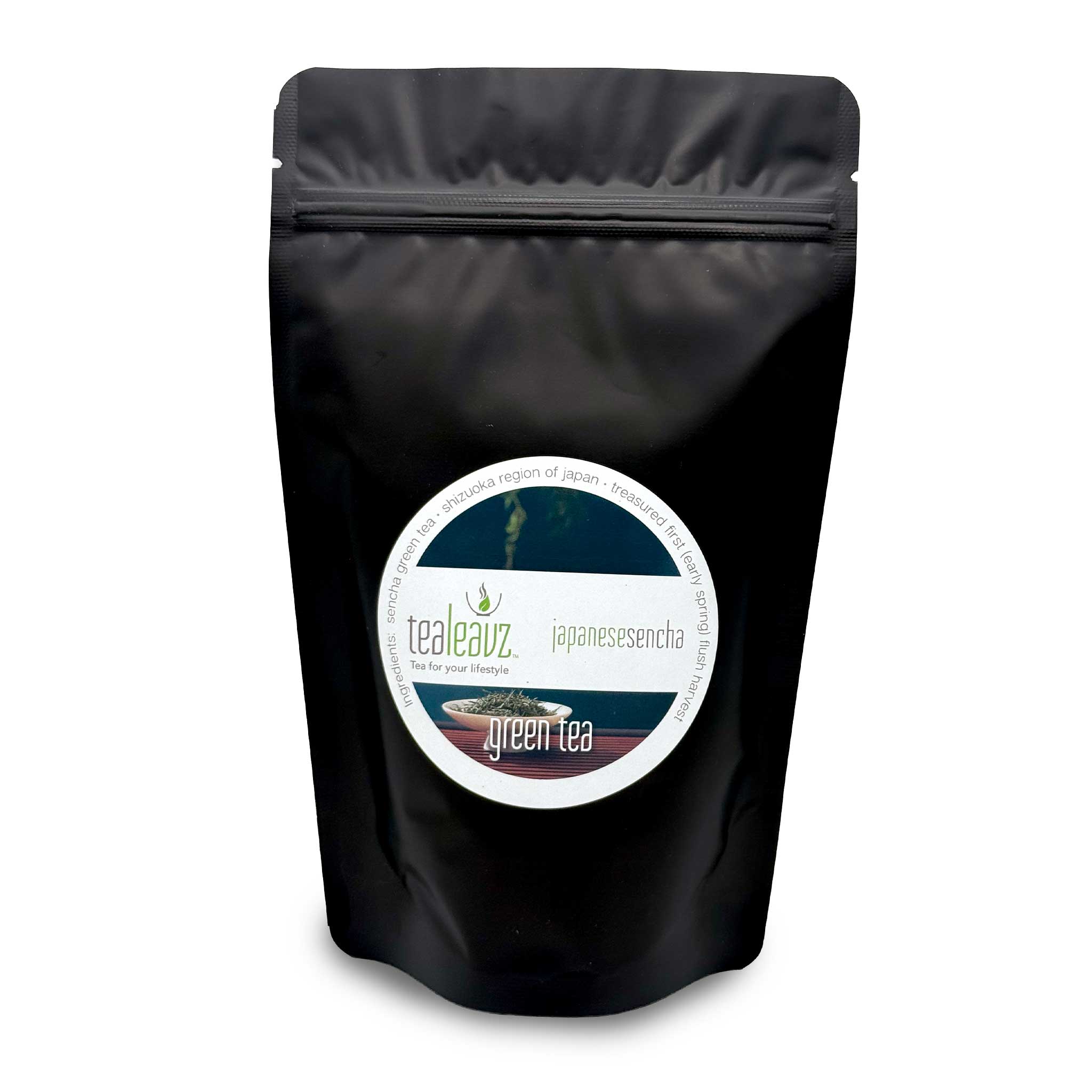 Japanese sencha tea package on a white background