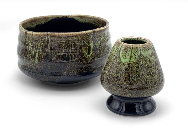 misty forest matcha bowl and whisk holder
