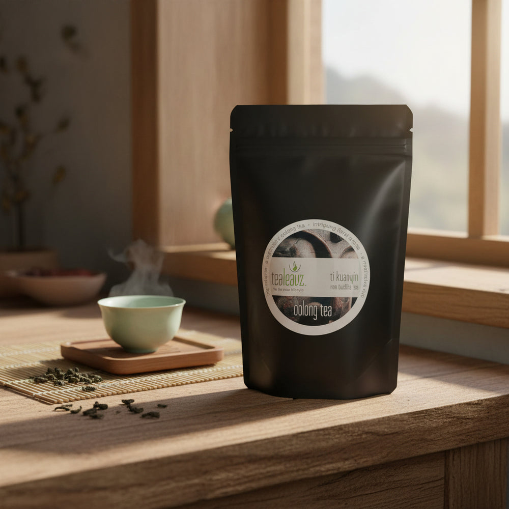 Black pouch of ti kuan yin (or iron buddha tea) on wooden counter