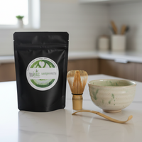 Sweet Matcha Powder on counter with matcha tools