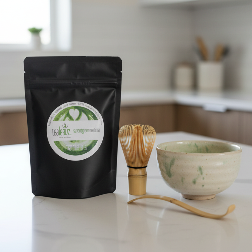 Sweet Matcha Powder on counter with matcha tools