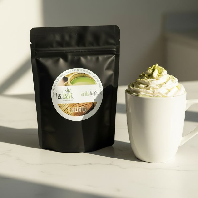 Vanilla Matcha Powder with matcha latte
